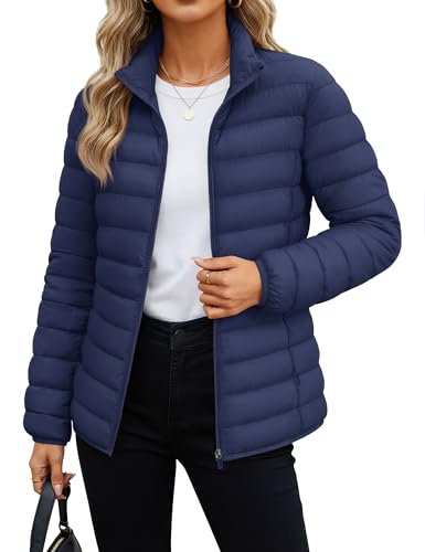 MAGCOMSEN Women's Quilted Padded Jacket with 4 Pockets Ultra-light Short Puffer Stand-collar Winter Coat, Navy Blue L
