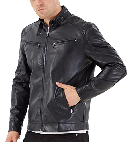 Image of WULFUL Men's Stand Collar Leather Jacket Motorcycle Lightweight Faux Leather Outwear