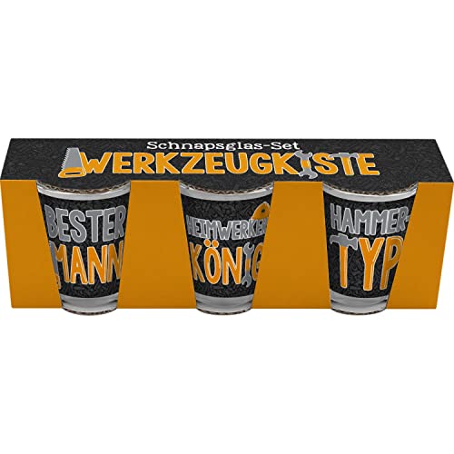 GRUSS & CO Schapsglas-Set "Werkzeugkiste" | 3 Schnapsgläser je 6 cl, farbig bedruckt, mit lustigem Spruch | Party, Männergeschenk | 47675
