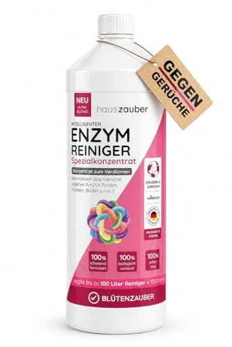 hauszauber - Enzymreiniger Konzentrat - [STARKER GERUCHSENTFERNER] - 1000 ml - Gegen Urin Katzenurin Hundeurin Kot - Geruchsneutralisierer - Blütenzauber