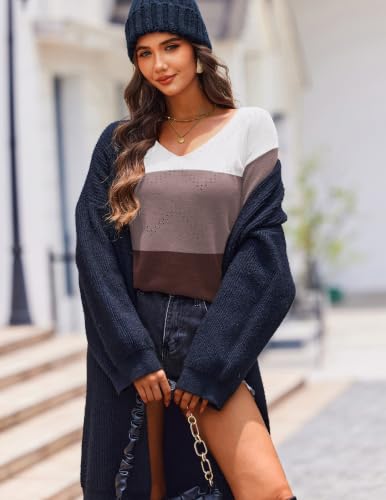 Image of Zeagoo Womens Sweaters Fall Trendy Casual Long Sleeve Shirt Lightweight V Neck Off Shoulder Crochet Pullover Top Outfit