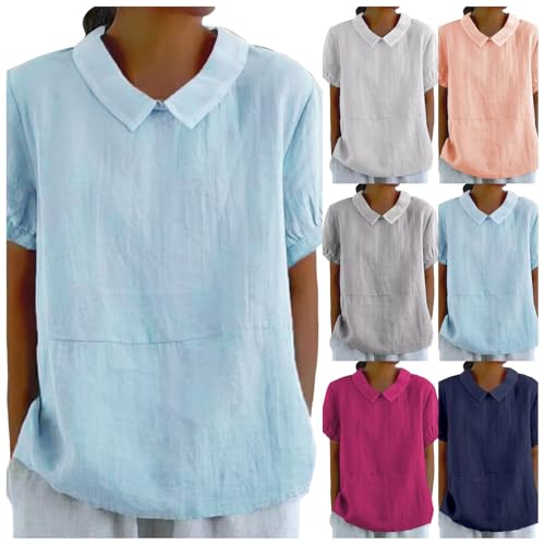 Camisa Mujer Verano Modernas Lino Manga Corta Camiseta Blusa Polo Ligero Moda Cómodo Suelto Cuello Redondo Tops Elegante Basic tee Talla Grande Original