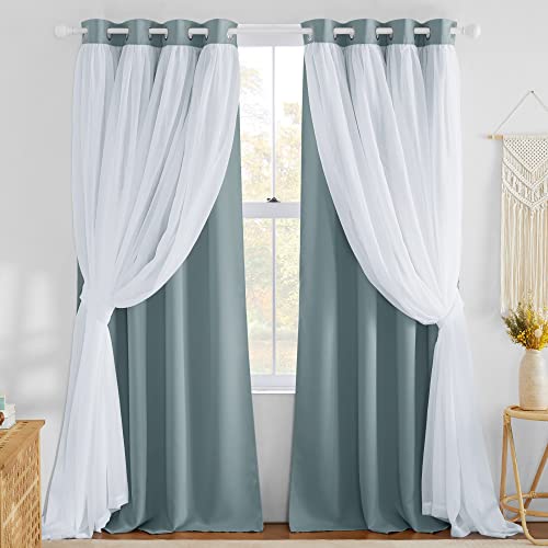NICETOWN Nursery Double Layers Light Blocking Crushed Voile Sheer Overlap Blackout Curtains with 4 Tie-Backs for Girls Bedroom Window, Cortinas para sala (Set of 2, W52 x L63, Biscotti Beige