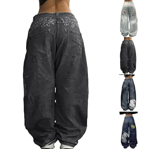 Black Baggy Jeans Men Baggy Barrel Y2k Sweatpant Jeans for Women Trendy Fashion High Waist Vintage Wide Leg Jean with Skeleton Print Goth Denim Pants Fall Trousers Wide Leg Sweatpants Women Black S