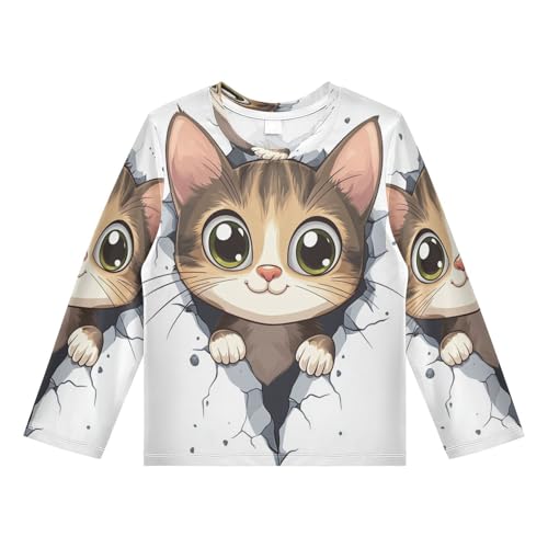 White Cute Cat Rash Guard Shirt for Boys Sun Protection Shirt for Beach Pool Sport UPF50+ 7-8T