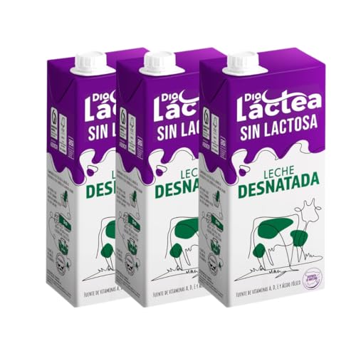 Dia Láctea - Leche Desnatada SIN LACTOSA UHT (Pack 3 x 1L) - 0% Grasa, Vitaminas A, D, E y Ácido Fólico - Digestión Ligera