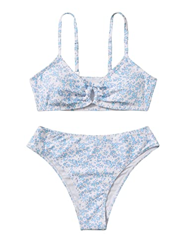 COZYEASE Girls' 2 Piece Ditsy Floral Print Knot Front Ruched Triangle Bikini Swimsuit