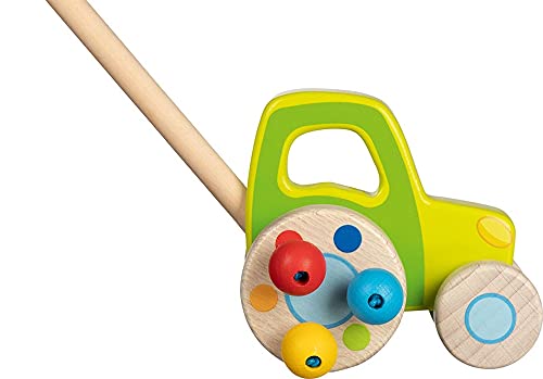 goki 54880 Schiebefahrzeug Traktor aus Holz, 52 cm mit Schiebestab – Bunte Holzperlen mit Klackereffekt, ideal zum Laufenlernen