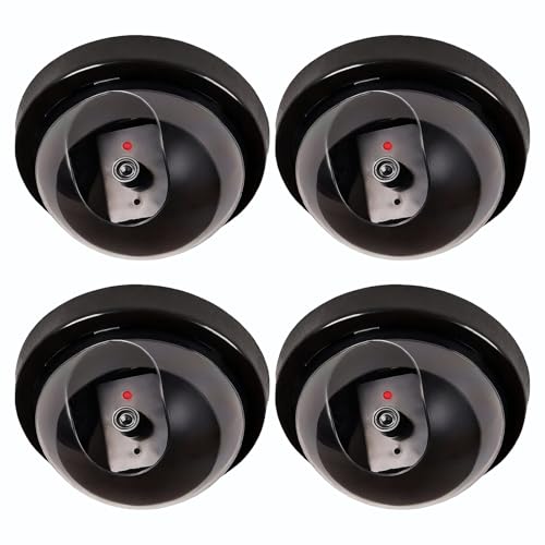 WALI Dummy Fake Security CCTV Dome Camera with Flashing Red LED Light with Security Alert Sticker Decals for Home Security, 4 Packs, Black (SD-4)