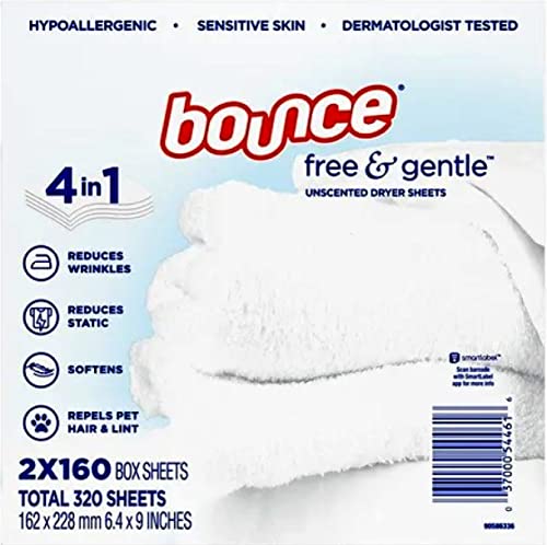 Bounce Free & Gentle Unscented Dryer Sheets, 320 ct.(Bulk Discount Available)