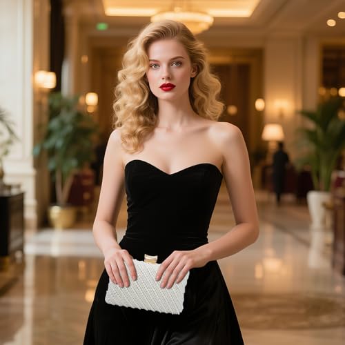 Image of Gets White Pearl Clutch Purses for Women Wedding Bride Evening Bag Formal Party Clutches Tote Handbag Prom Shoulder Bags