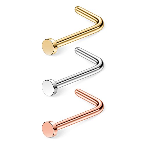 Ruifan 18G 316L Surgical Steel Nose Stud L Shaped Ring with 2MM Flat Top Piercing Jewelry 3PCS - Mix Color