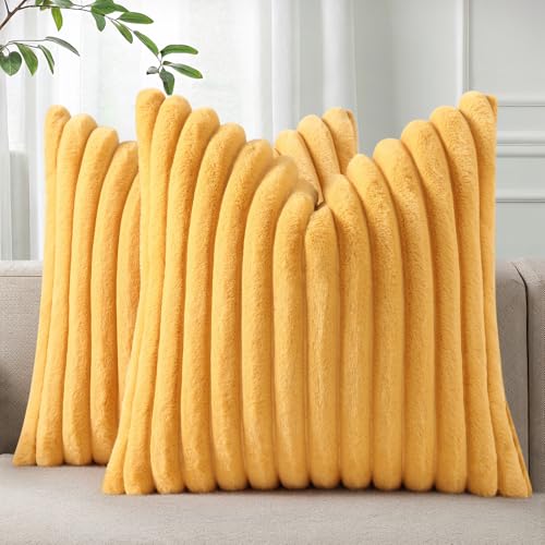 Pallene Faux Fur Plush Throw Pillow Covers 22x22 Set of 2, Luxury Soft Fluffy Striped Decorative Pillow Covers for Sofa, Couch, Living Room, Mustard Yellow