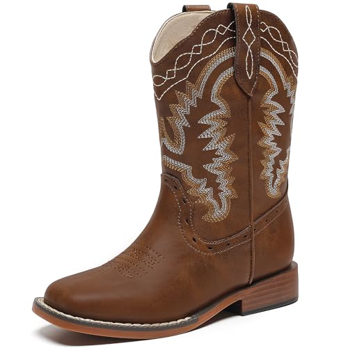 Parrosoo Boots for Kids Cowboy Boys Cowgirl Western Boot Brown Girls Riding Shoes Size 1 Big Kid Square Toe Wide Boy Horse West Clothes Cow Horseback...