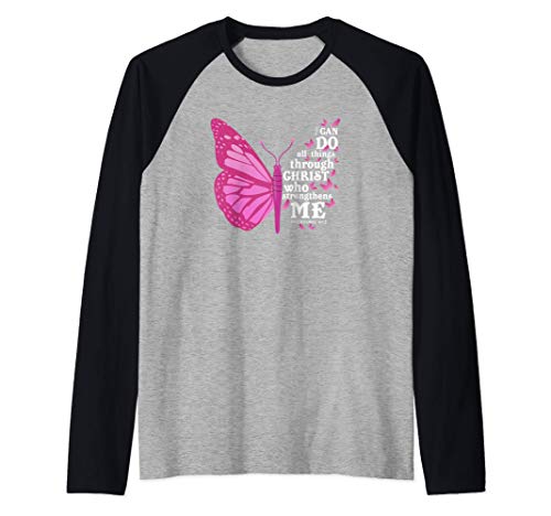 Philippians 4:13 Pink Butterfly Wing Bible Verse Christian Raglan Baseball Tee