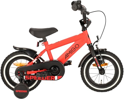 AMIGO Speeder - Kinderfahrrad - 12 Zoll - mit Handbremse, Rücktritt, Lenkerpolster und Stützräder - ab 3-4 Jahr - Rot/Schwarz