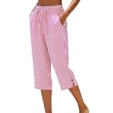 PmiYniV Women's Capri Pants Striped Straight Leg Drawstring Elastic High Waist Casual Cropped Pant Loose Fit Summer Outfits Pink