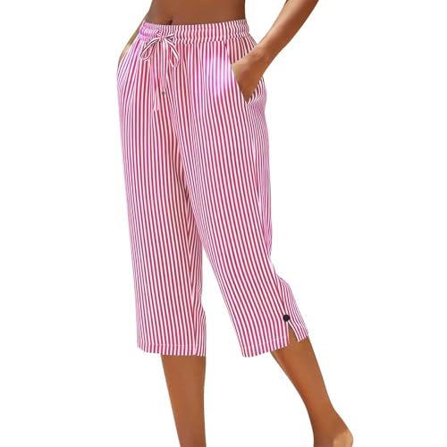 PmiYniV Women's Capri Pants Striped Straight Leg Drawstring Elastic High Waist Casual Cropped Pant Loose Fit Summer Outfits Pink