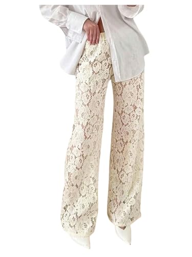 MakeMeChic Women's Summer Floral Lace Straight Leg Pants Elastic Waisted Elegant Trousers