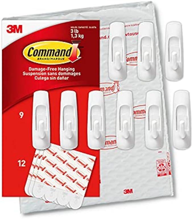 Command Medium Utility Hooks, Damage Free Hanging Wall Hooks with Adhesive Strips, No Tools Wall Hooks for Hanging Christmas Organizers, 9 White Hooks and 12 Command Strips