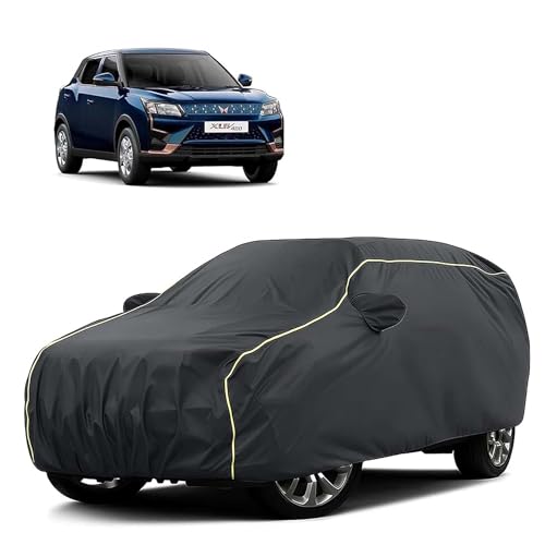 Image of Sulfar 100% Water Resistant Car Body Cover Compatible with Mirror for Mahindra XUV 400 (Triple Stitched, Full Bottom Elastic, Dark Grey Tafetta with Yellow Piping)