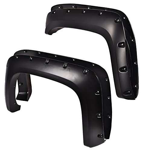 PIT66 Fender Flares, Compatible With Chevy Silverado 1500 07-13/Silverado 07-14 2500 HD 3500 HD, Paintable Smooth Matte Black Pocket Riveted Style Wheel Flares Set(Fit for 6.5/8 ft, NOT for 5.8ft)