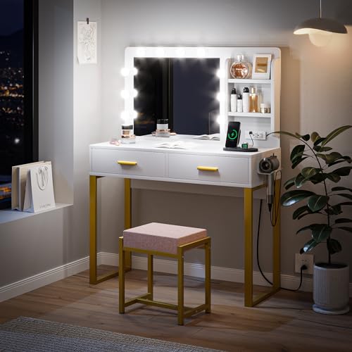 Semiocthome White Makeup Vanity Desk with Lighted Mirror and Power Strip, 39.4