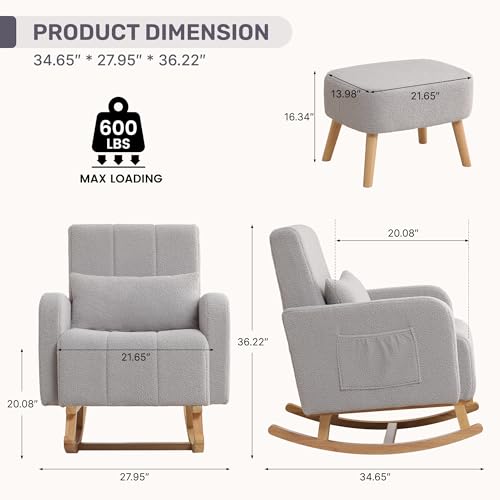 Image of HCHAIRH Nursery Rocking Chair with Ottoman, Upholstered Glider Rocker with High Backrest Side Pocket, Rocking Accent Armchair with Solid Wood Legs for Nursery, Living Room, Bedroom, Light Grey