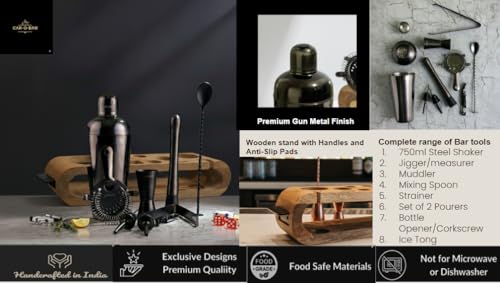 Image of Car-O-Bar Gun Metal Bar Set with Stand | 10 Piece Bartender Kit :Cocktail Shaker, Bar Spoon, Jigger, Muddler, Strainer, Wine & Beer Bottle Opener, 2 Pour Spouts, Tong, Wooden Stand with Handles