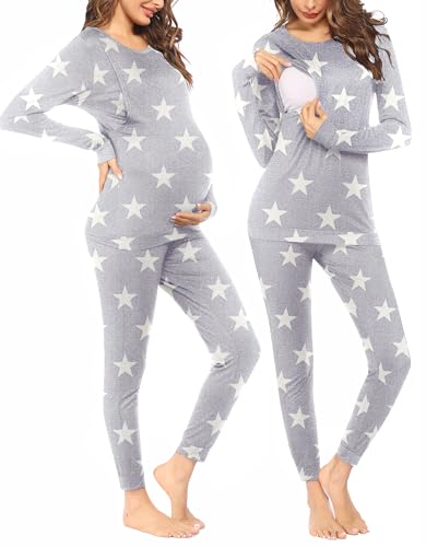 Image of Ekouaer Nursing Pajamas Maternity Sleepwear Set Breastfeeding Clothes for Women Pregnancy Strar Light Gray M