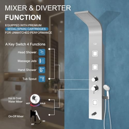 Image of JAAZ | Imperial Steel Matte Shower Panel Tower System | 3 Body Jets, Tub Spout & Hand Shower with 3 Modes | Adjustable Knobs | Bathroom Shower Set