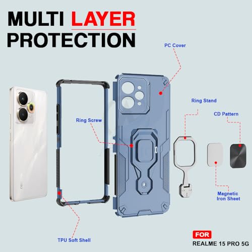 Image of AESTMO Armor Back Cover for Realme 15 Pro 5G | Ring Holder & Kickstand & Camera Protection in-Built | 360 Degree Protection Back Case Cover (Blue)