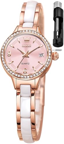 Image of OLEVS Women's Quartz Watches - Elegant Oval Diamond Dress Watch with Ceramic Band, 30M Waterproof Ladies Wrist Watch for Dress & Casual Wear (Rose Gold Blue /Red /Purple /White)