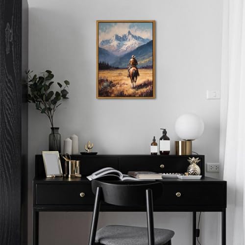 Image of Western Wall Art Vintage Cowboy Framed Canvas Prints Western Home Decor | 16x24 inch Rustic Western Horse Rider Artwork for Living Room Bedroom Office Fall Mountain Landscape Painting Country Wall Decor
