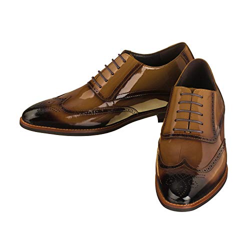Image of CALTO Men's Invisible Height Increasing Elevator Shoes - Dark Brown Patent Leather Lace-up Wing-tip Formal Oxfords - 3 Inches Taller - S1017 - Size 6 D(M) US