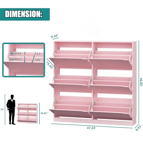 Image of Xixini Shoe Storage Cabinet for Entryway with 6 Flip Drawers, Sturdy Wood Hidden Shoe Storage, Freestanding Narrow Slim Shoe Organizer for Front Door Entrance, Living Room, Hallway, Bedroom, Pink