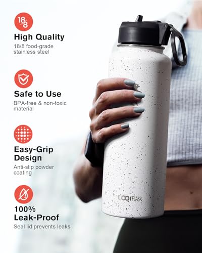 Image of Coolflask 40 oz Water Bottle Insulated with Straw & 3 Leakproof Lids