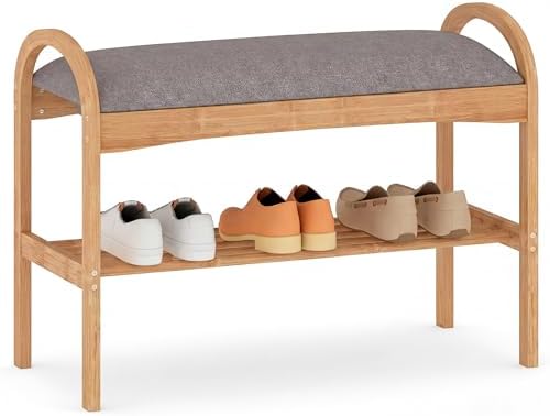 GIANTEX Shoe Rack Bench, Bamboo 2-Tier Entryway Bench with Padded...