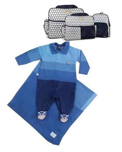 Kit Bolsa Maternidade Azul Marinho Tigre + Kit Saída Maternidade 2 Peças Ursinho RN Luxo Cor:Azul Ma