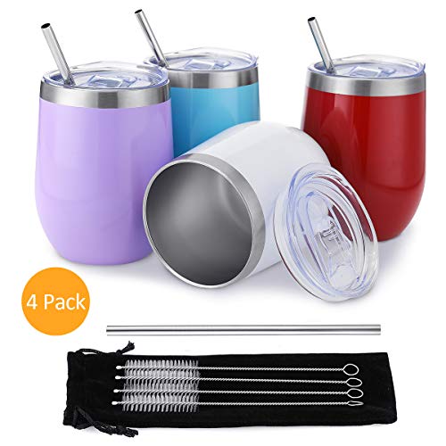 Comfook 4 Pack 12OZ Stainless Steel Wine Tumbler, Stemless vacuum Insulated Wine Glasses