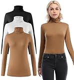 Femdouce Womens Turtleneck Long Sleeve Shirt Lightweight Slim Pullover Basic Undershirts Active Turtle Neck T-Shirts 3 Pack Black/White/Coffee L