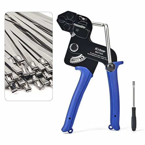 iCrimp WCT322 Stainless Steel Cable Tie Gun, Fastens & Cuts Metal Zip Ties up to 12mm, with 100pcs Stainless Steel Cable Ties