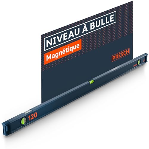 Presch Niveau à Bulle Magnétique 120cm - Fiole incassable avec pente 2% - Fenêtre de lecture verticale - Embouts antidérapants innovants - Surface de mesure précise