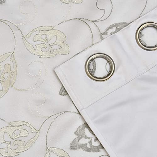 Image of Polyester and Blackout 2 in 1 Double Leaf Embroidery Design with Blackout Long Door Curtains, Set of 2 Pieces(9 Feet, White - Grey Leaf + White Blackout)