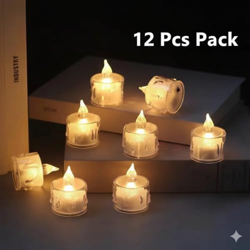 Image of 12Pc LED Tea Light Candles | Flameless & Smokeless Diya | Decorative Acrylic Candle | Home Decor, Navratri Decor Items, Diwali Decoration Item, Room, Table, Pooja Room Decor (Yellow) | Popo Toys