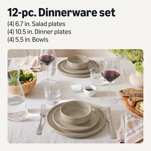 Image of Amazon Basics Glazed Stoneware Dinnerware, 12-Piece Set, 4 Full Place Settings, Dishwasher-Safe, Microwave-Safe, Linen Gray