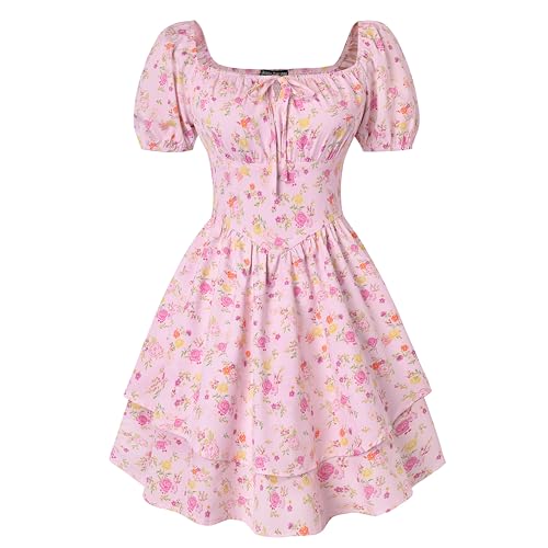 Scarlet Darkness Floral Corset Dress Summer Dresses for Women Girls 2026 Short Milkmaid Sundress with Pocket Pink and Yellow Floral M