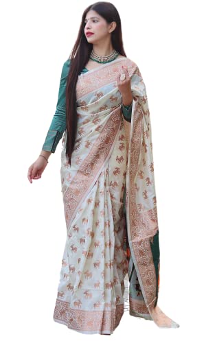 KNETLI Banarasi Cotton Silk Saree for women indian traditional saree with pure zari work saree for womens with unstitiched blouse WHITE HARAN