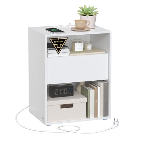 VASAGLE Table de Chevet, Assemblage Ultra-rapide sans Outils Toolless, Table d’Appoint avec Multiprise et Tiroir, Moderne, Chambre, Salon, Blanc Mat LET777W04