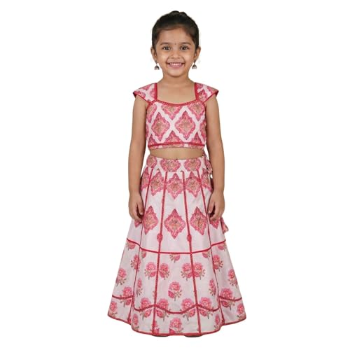 Image of Girls Rayon Lehenga Choli Set with Inner Cape | Lacework Floral Printed Kids Ethnic Wear | Traditional Indian Outfit for Girls (2-10 Years)